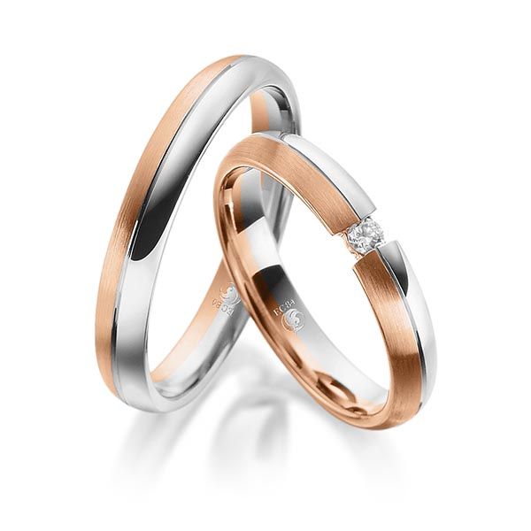 Paar Trauringe / Eheringe / Platin 600 / Rotgold 585 / 0,05 ct.