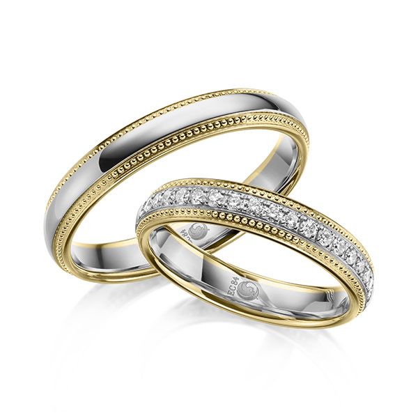 Paar Trauringe / Eheringe / Gelbgold 585 / Platin 600 / 0,285 ct.