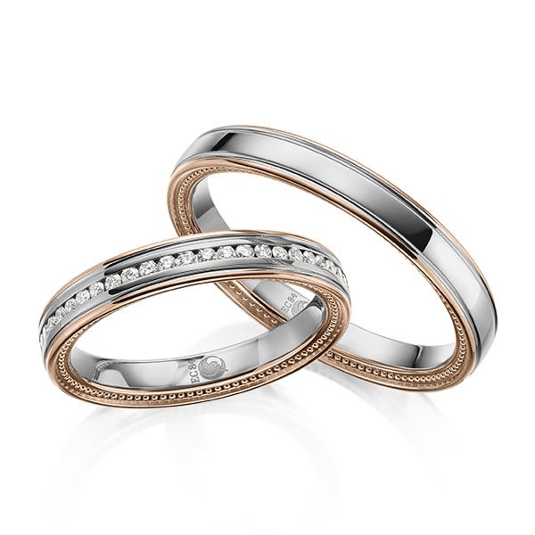 Paar Trauringe / Eheringe / Rotgold 585 / Platin 600 / 0,192 ct.