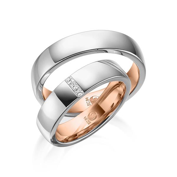 Paar Trauringe / Eheringe / außen Platin 600 / innen Rotgold 585 / 0,075 ct.