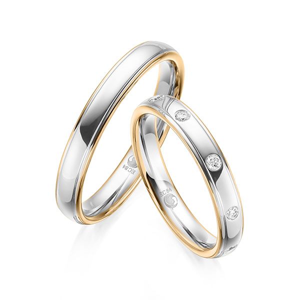 Paar Trauringe / Eheringe / Roségold 585 / Platin 600 / 0,125 ct.