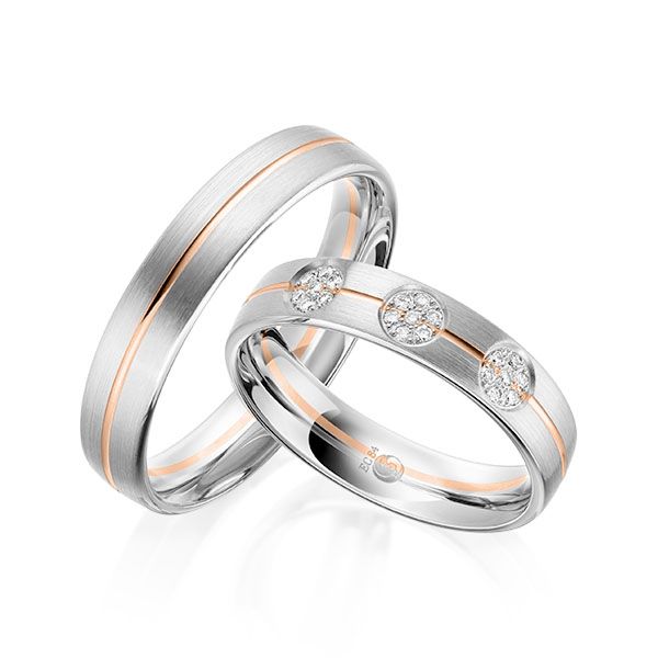 Paar Trauringe / Eheringe / Weißgold 585 / Rotgold 585 / 0,105 ct.