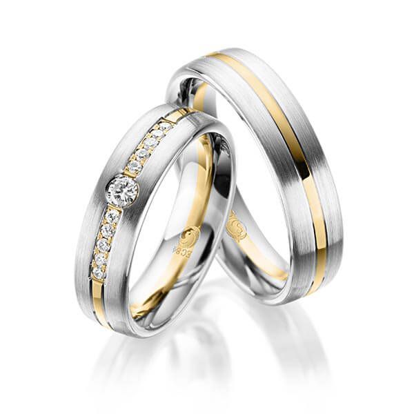 Paar Trauringe / Eheringe / Weißgold 585 / Gelbgold 585 / 0,20 ct.