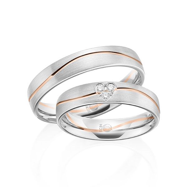 Paar Trauringe / Eheringe / Weißgold 585 / Rotgold 585 / 0,075 ct.