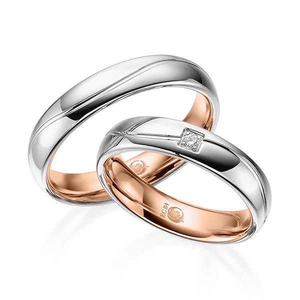 Paar Trauringe / Eheringe / außen Platin 600 / innen Rotgold 585 / 0,03 ct.
