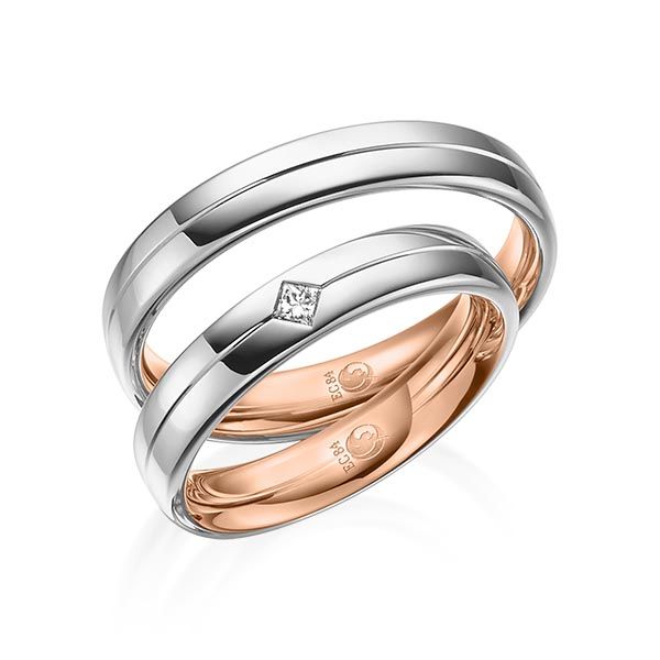 Paar Trauringe / Eheringe / außen Platin 600 / innen Rotgold 585 / 0,07 ct.