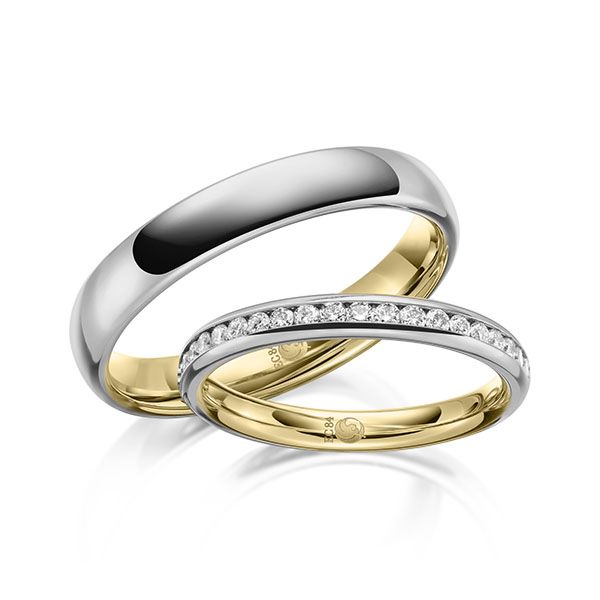 Paar Trauringe / Eheringe / innen Gelbgold 585 / außen Graugold 585 / 0,285 ct.