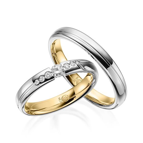 Paar Trauringe / Eheringe / außen Platin 600 / innen Gelbgold 585 / 0,16 ct.