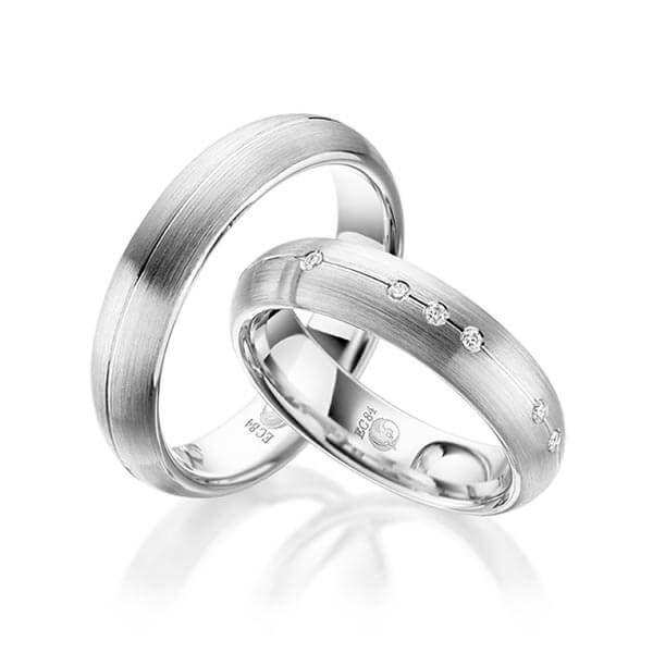 Paar Trauringe / Eheringe / Weißgold 585 / 0,14 ct.