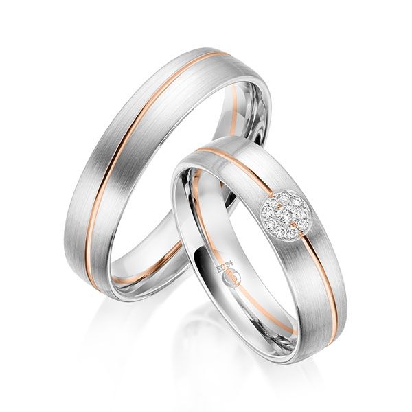 Paar Trauringe / Eheringe / Weißgold 585 / Rotgold 585 / 0,07 ct.