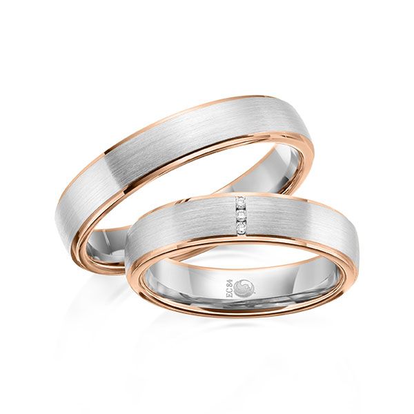 Paar Trauringe / Eheringe / Rotgold 585 / Weißgold 585 / 0,018 ct.