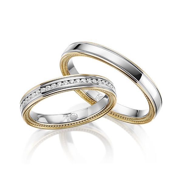 Paar Trauringe / Eheringe / Gelbgold 585 / Platin 600 / 0,192 ct.