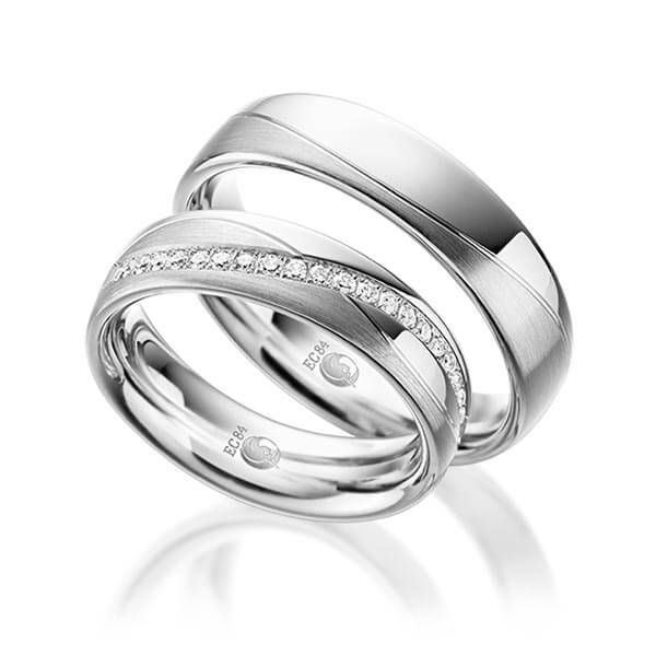 Paar Trauringe / Eheringe / Weißgold 585 / 0,21 ct.